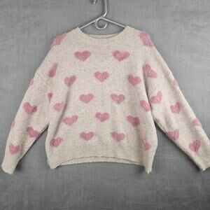 Valentine Heart Sweater Pink Fuzzy Hearts Cozy Romantic Feminine Coquette Sz S/M